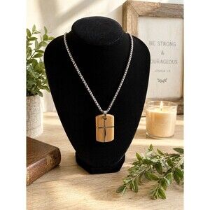 American Exchange Men’s Wood Metal Cross Pendant Necklace Silver Brown 26” NEW